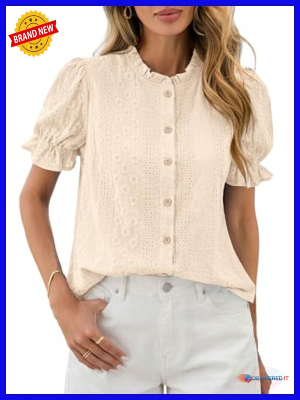 Womens Embroidered Puff Short Sleeve Cotton Top Boho Blouse